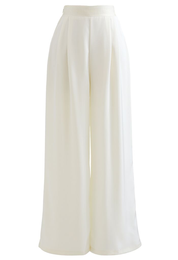 Glossy Pleated Wide Leg Pants in Ivory