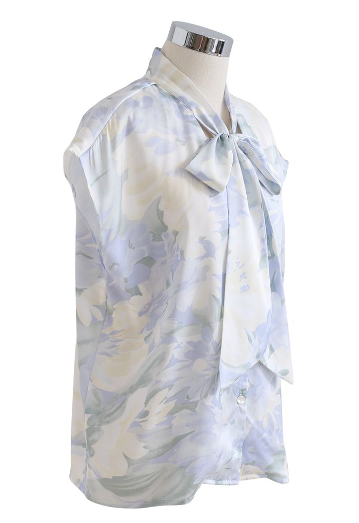 Watercolor Floral Tie Neck Buttoned Top in Blue