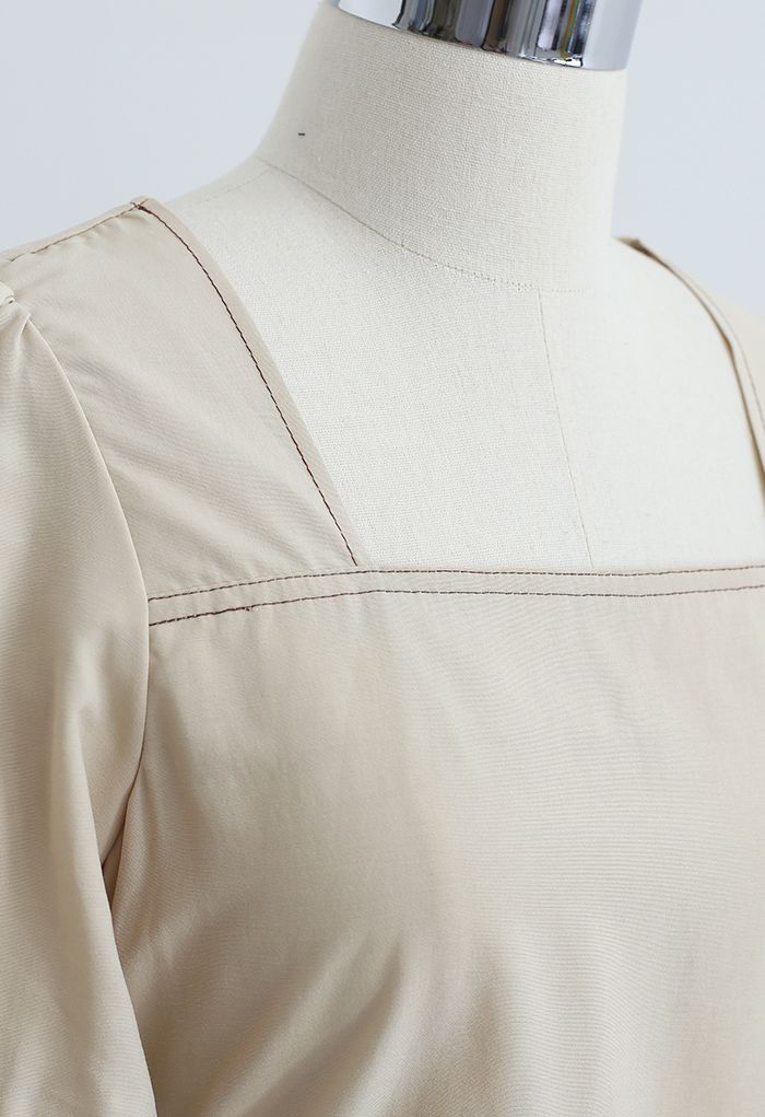Buttoned Back Self-Tie Crop Top in Tan