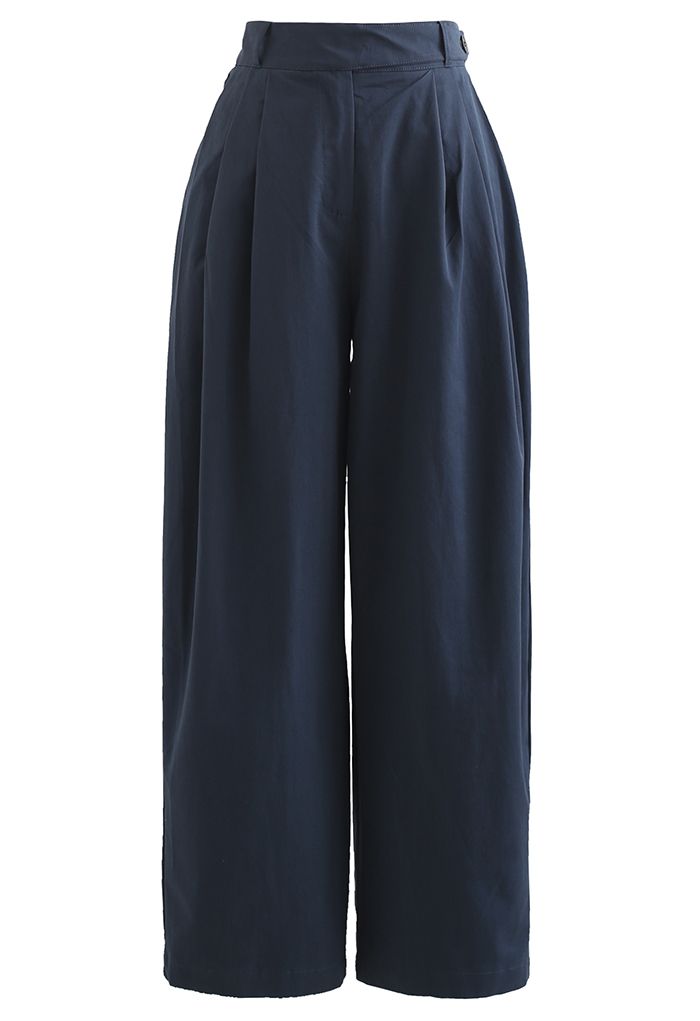 Belted Waist Straight Leg Cotton Pants in Navy