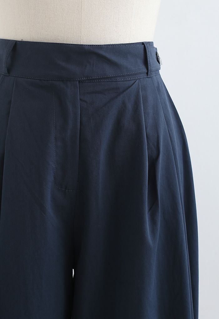 Belted Waist Straight Leg Cotton Pants in Navy