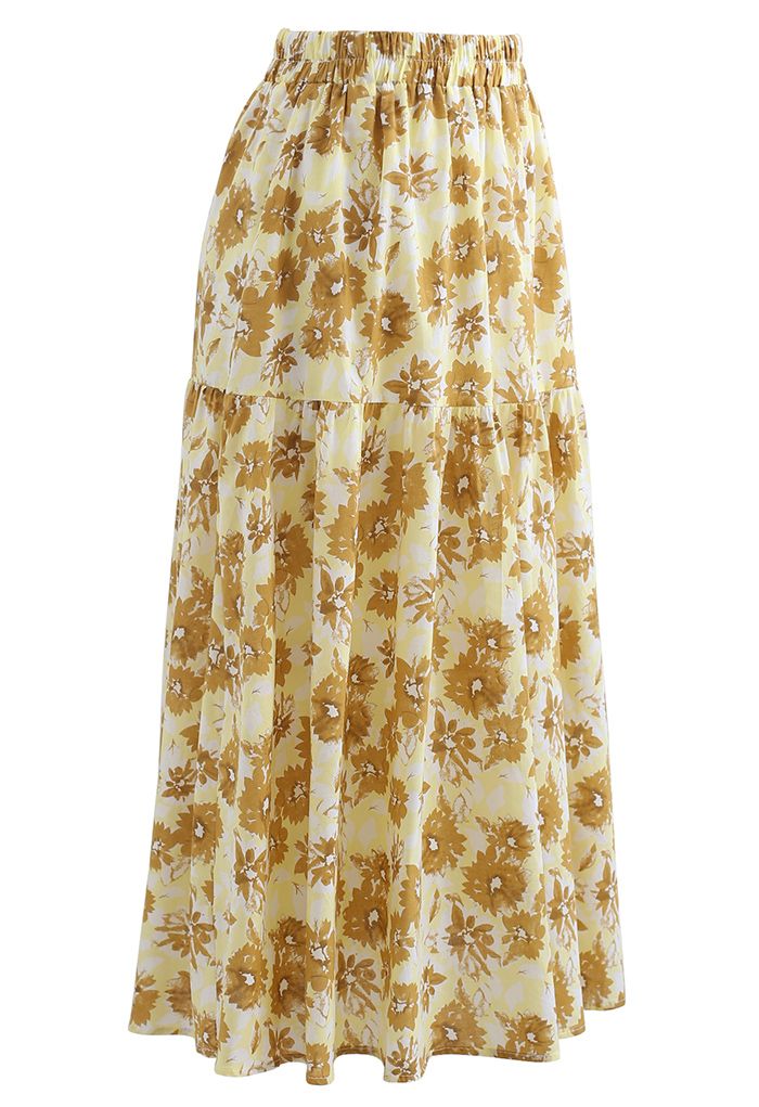 Floral Print Cotton Midi Skirt in Mustard - Retro, Indie and Unique Fashion