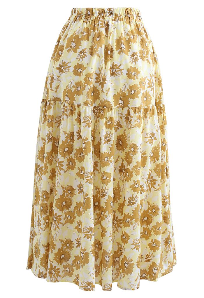 Floral Print Cotton Midi Skirt in Mustard - Retro, Indie and Unique Fashion