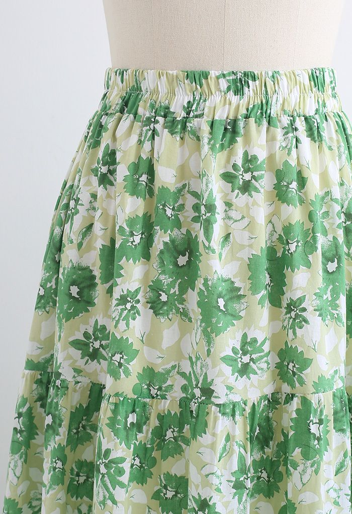 Floral Print Cotton Midi Skirt in Green - Retro, Indie and Unique Fashion