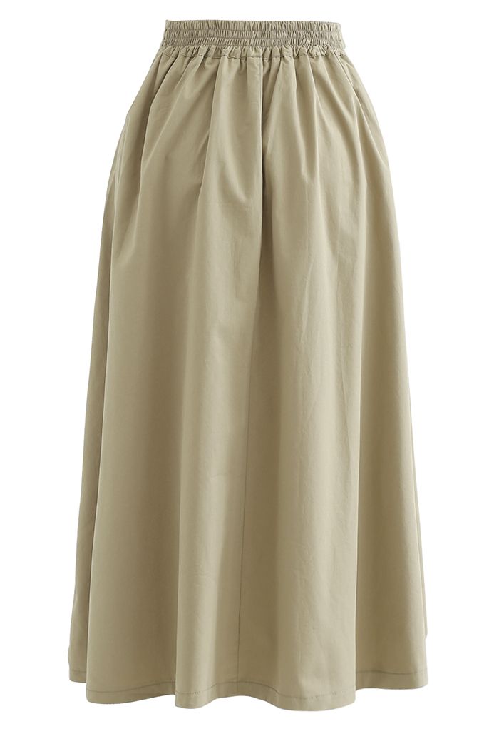 Belted Waist Pleated Cotton Midi Skirt in Tan - Retro, Indie and Unique ...