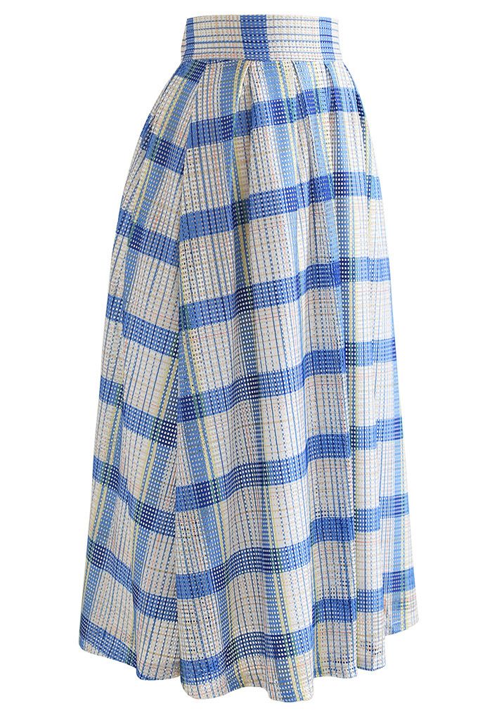 Pastel Plaid Pleated Midi Skirt in Blue