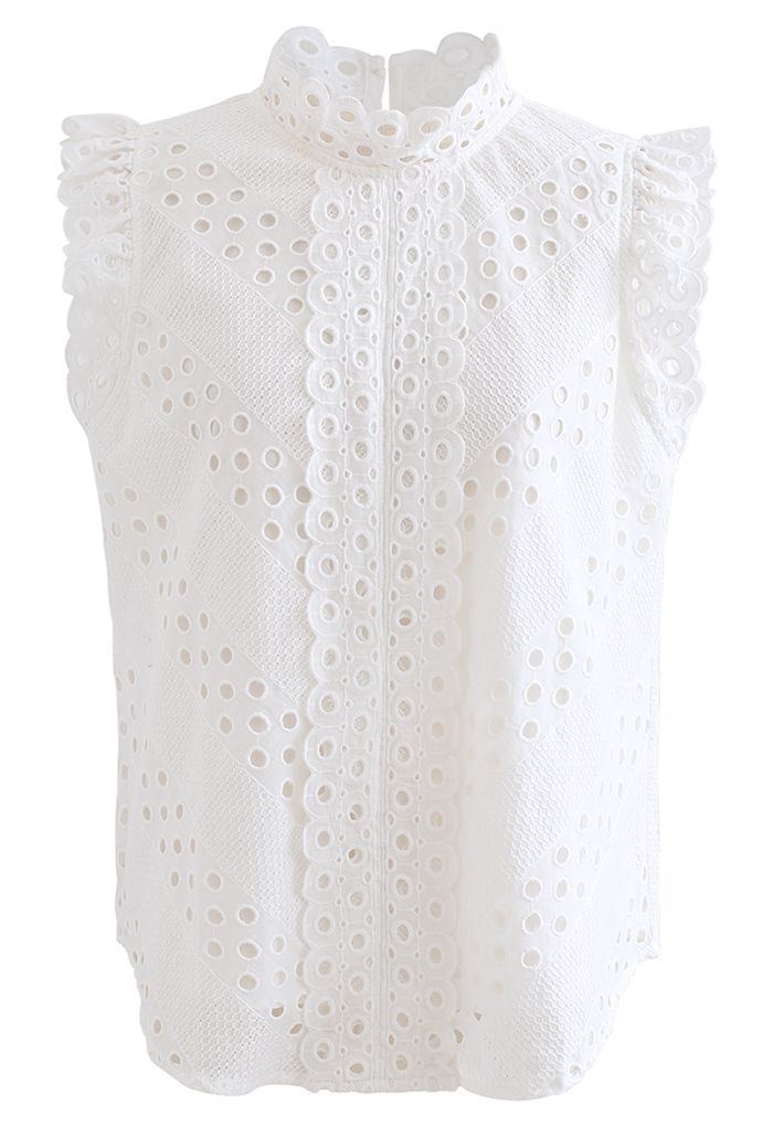 High Neck Eyelet Embroidered Sleeveless Top in White