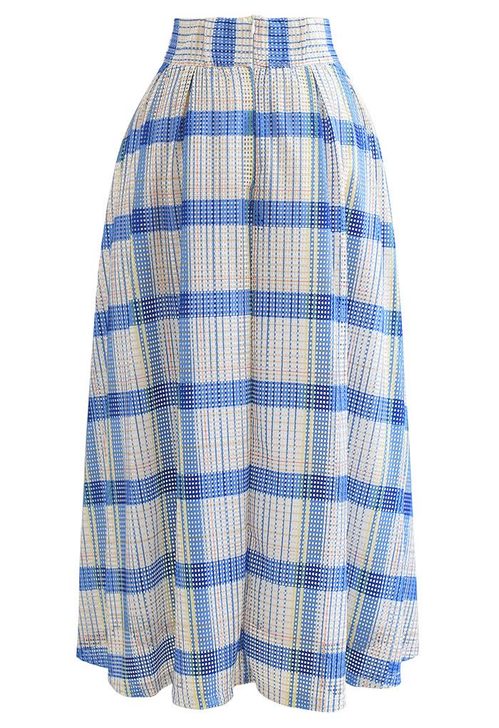Pastel Plaid Pleated Midi Skirt in Blue
