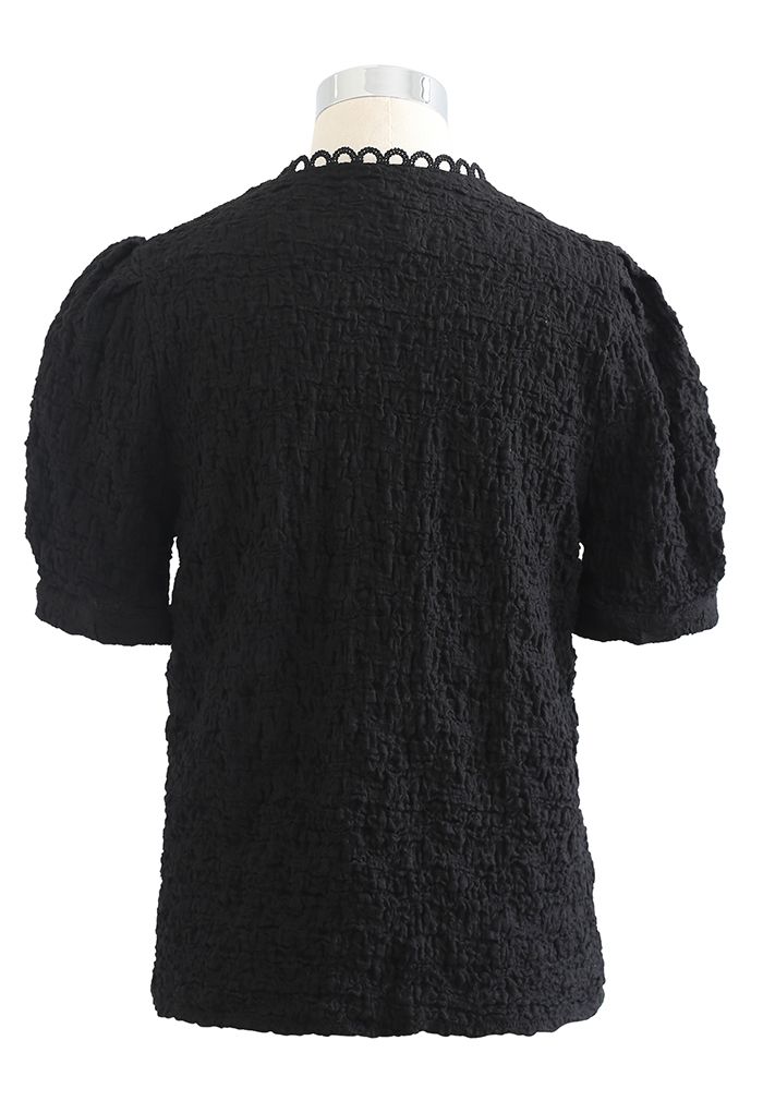 Embossed V-Neck Button Front Top in Black - Retro, Indie and Unique Fashion