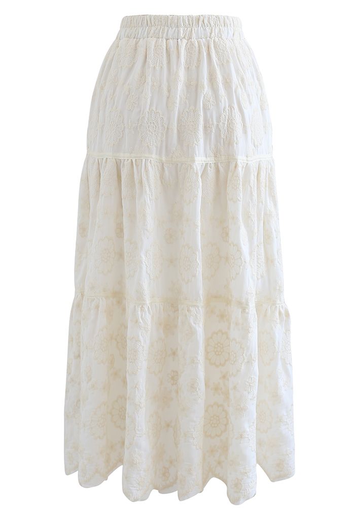 Embroidered Flower Scalloped Skirt in Ivory - Retro, Indie and Unique ...