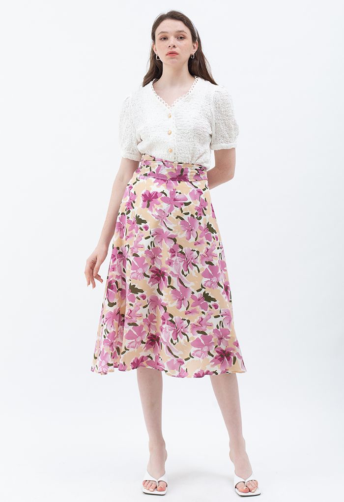 Plum Lily Print A-Line Midi Skirt