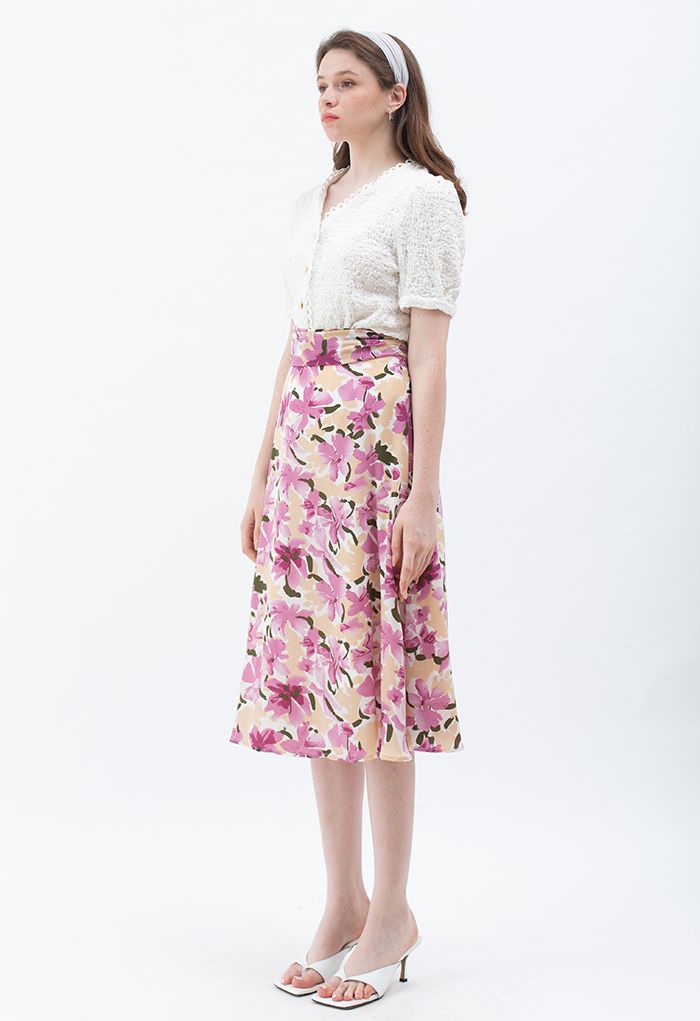 Plum Lily Print A-Line Midi Skirt