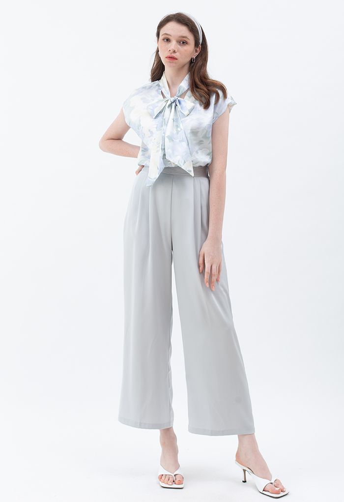 Glossy Pleated Wide Leg Pants in Light Grey