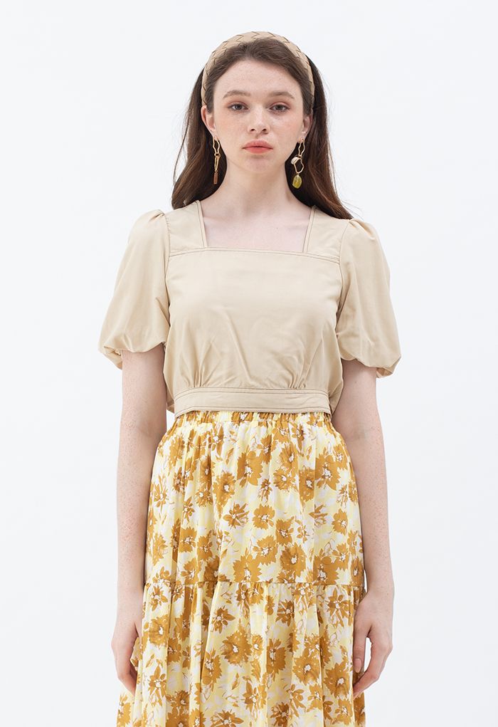 Buttoned Back Self-Tie Crop Top in Tan - Retro, Indie and Unique Fashion