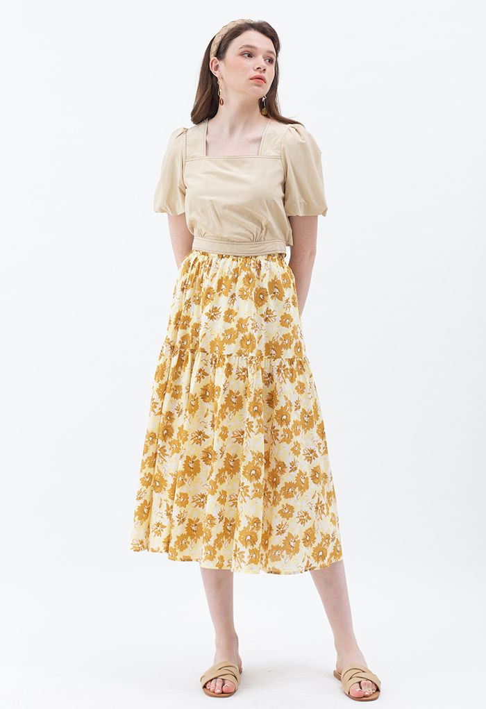 Floral Print Cotton Midi Skirt in Mustard