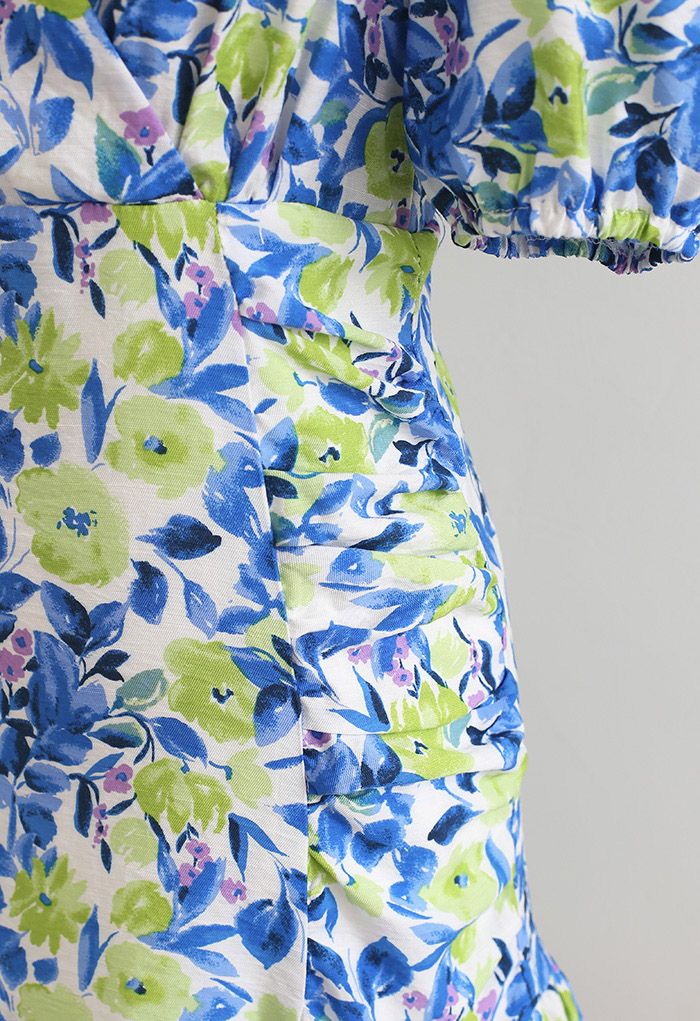 Flower Painting Padded Shoulder Mini Dress in Blue - Retro, Indie and ...