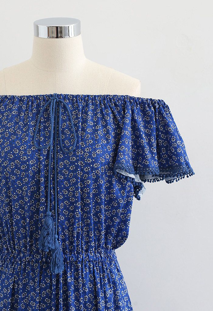 Boho Floret Printed Flutter Sleeves Maxi Dress in Blue