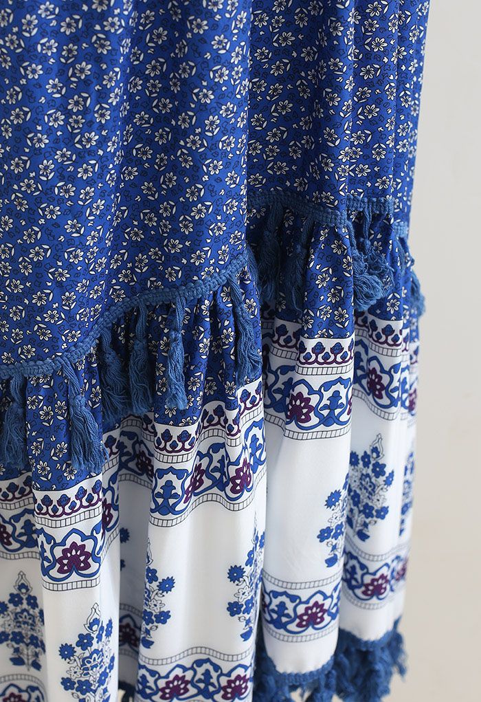 Boho Floret Printed Flutter Sleeves Maxi Dress in Blue