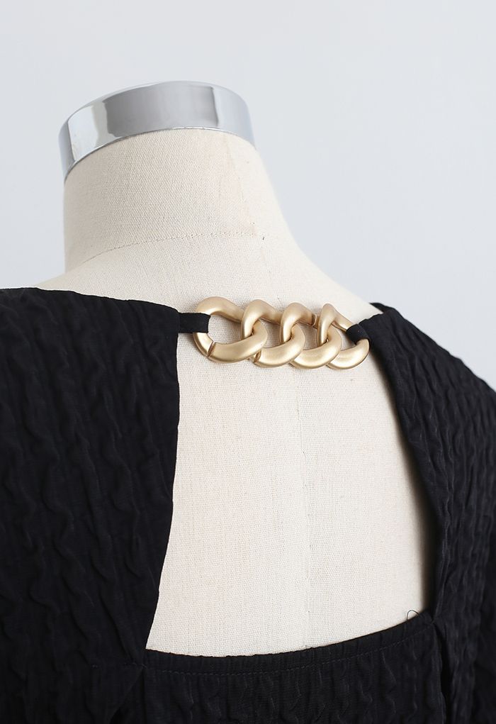 Golden Chain Detail Embossed Mini Dress in Black