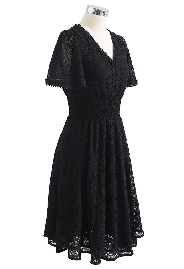 Rose V-Neck Shirred Waist Lace Dress in Black