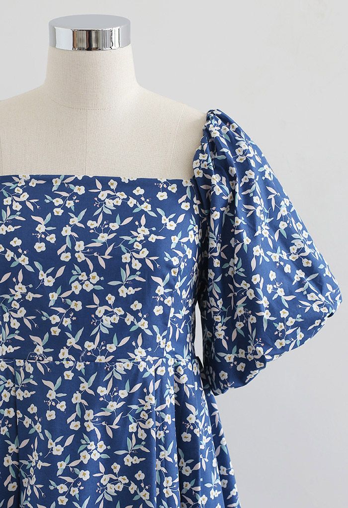 Square Neck Bubble Sleeve Floret Shirred Dolly Dress in Blue - Retro ...