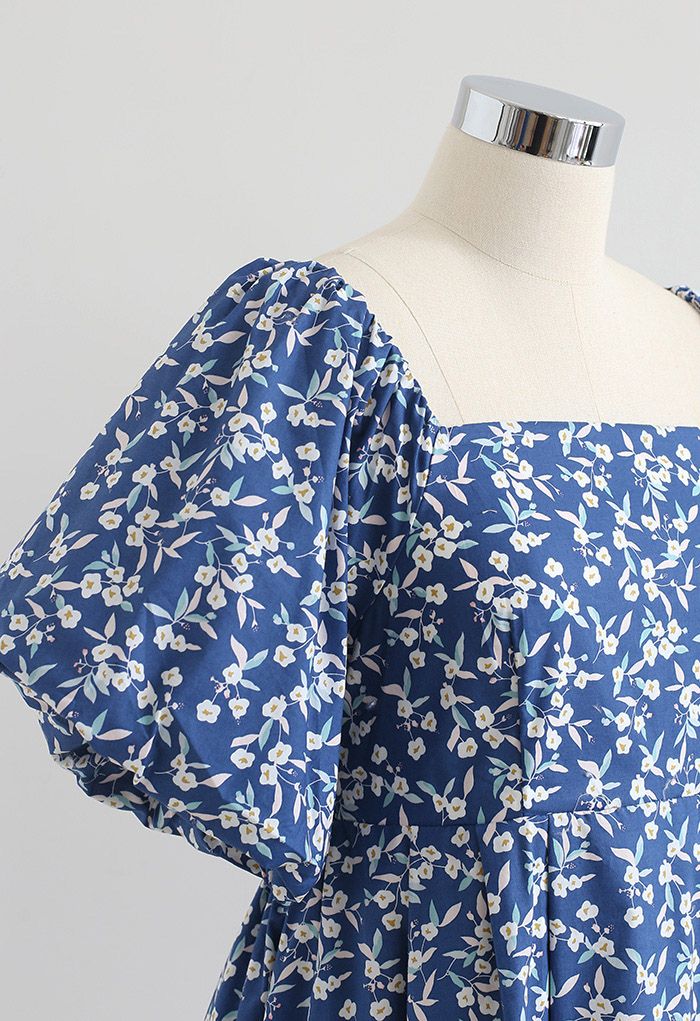 Square Neck Bubble Sleeve Floret Shirred Dolly Dress in Blue