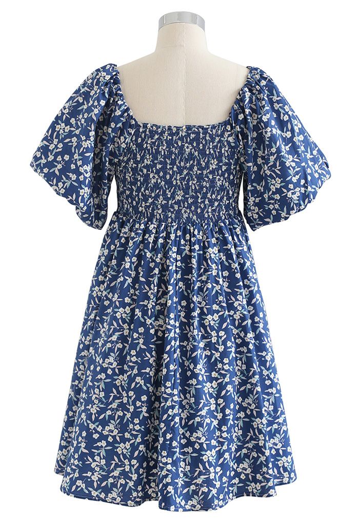 Square Neck Bubble Sleeve Floret Shirred Dolly Dress in Blue