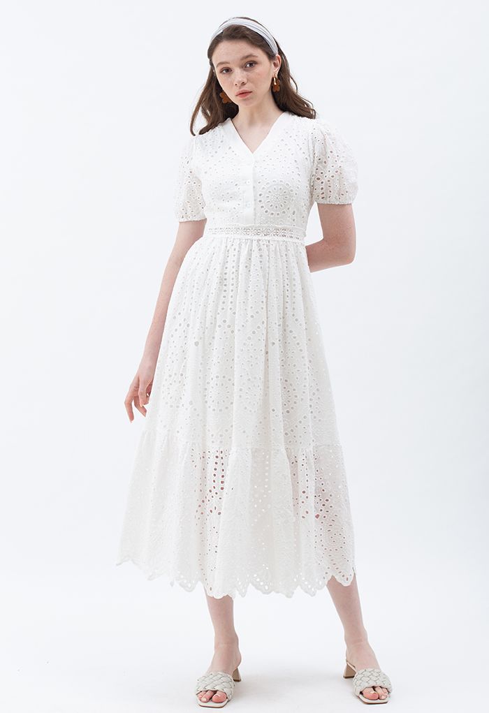 Exaggerated Floral Eyelet Embroidery V-Neck Midi Dress - Retro, Indie ...