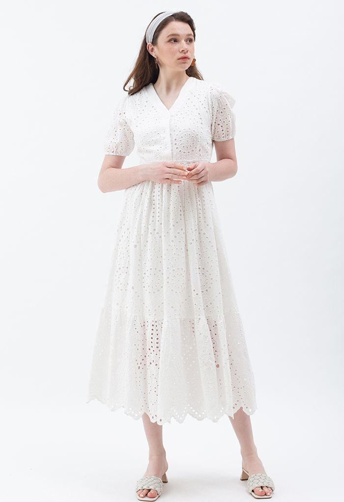 Exaggerated Floral Eyelet Embroidery V-Neck Midi Dress - Retro, Indie ...