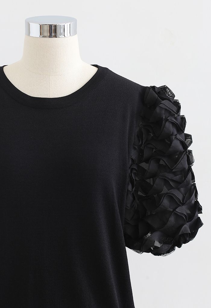3D Tiered Bubble Sleeve Knit Top in Black - Retro, Indie and Unique Fashion