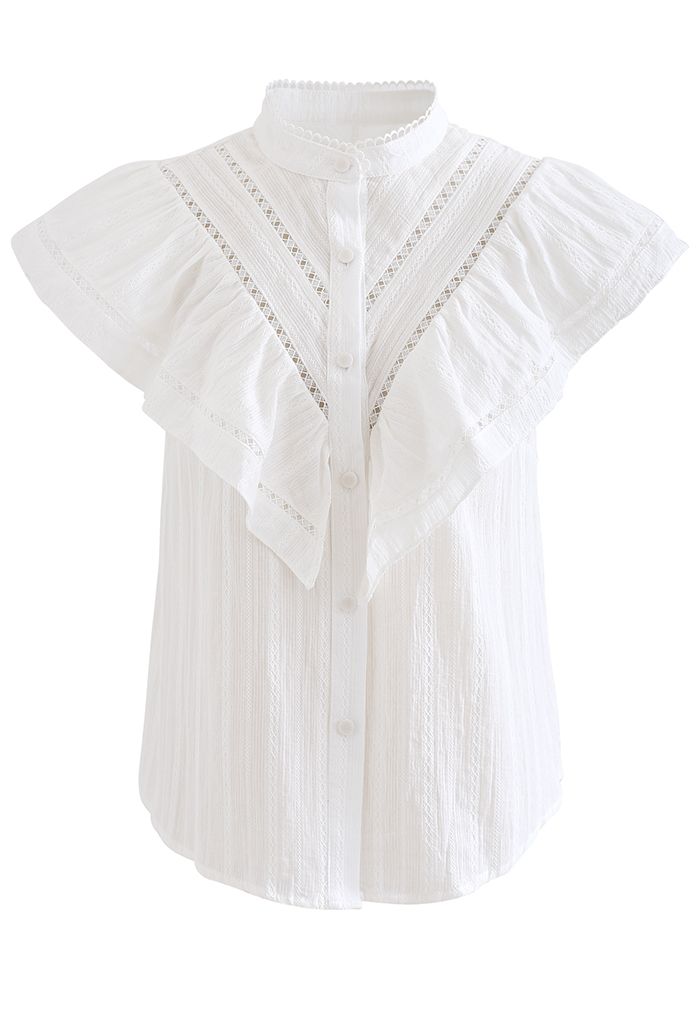 Ruffle Trim Button Front Sleeveless Top in White - Retro, Indie and ...