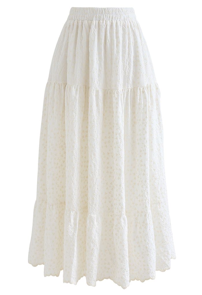 Embroidered Floret Frilling Cotton Skirt in Cream - Retro, Indie and ...