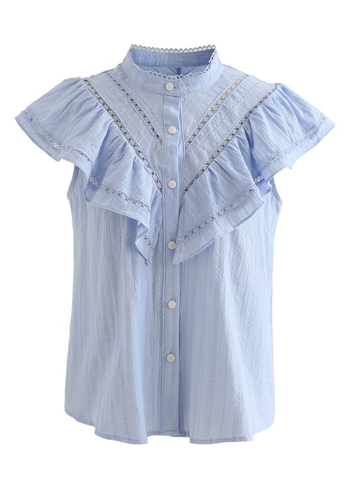 Ruffle Trim Button Front Sleeveless Top in Blue