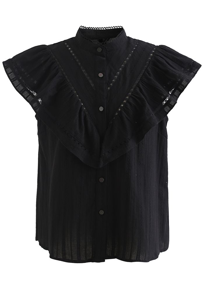 Ruffle Trim Button Front Sleeveless Top in Black