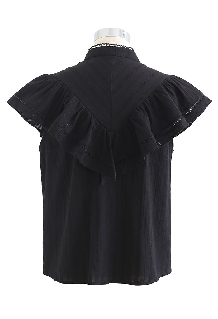 Ruffle Trim Button Front Sleeveless Top in Black