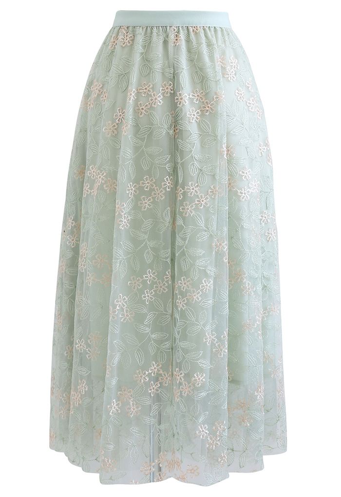 Fairytale Embroidered Mesh Midi Skirt in Mint - Retro, Indie and Unique ...