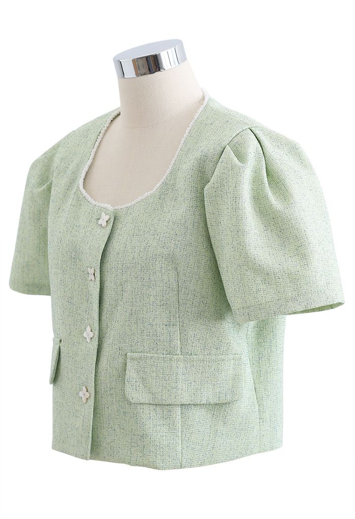 Fake Pocket Buttoned Textured Crop Blazer in Green