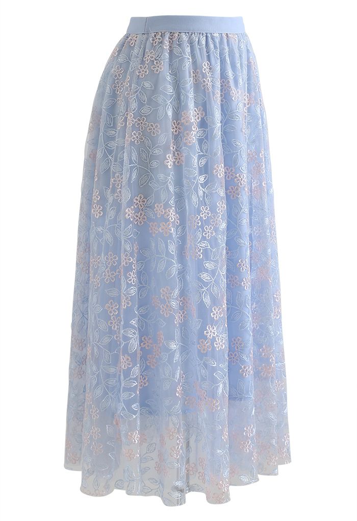Fairytale Embroidered Mesh Midi Skirt in Blue - Retro, Indie and Unique ...