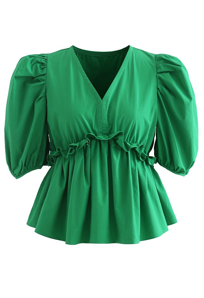 High Ruffle Waist V-Neck Bubble Sleeve Top in Green - Retro, Indie and ...