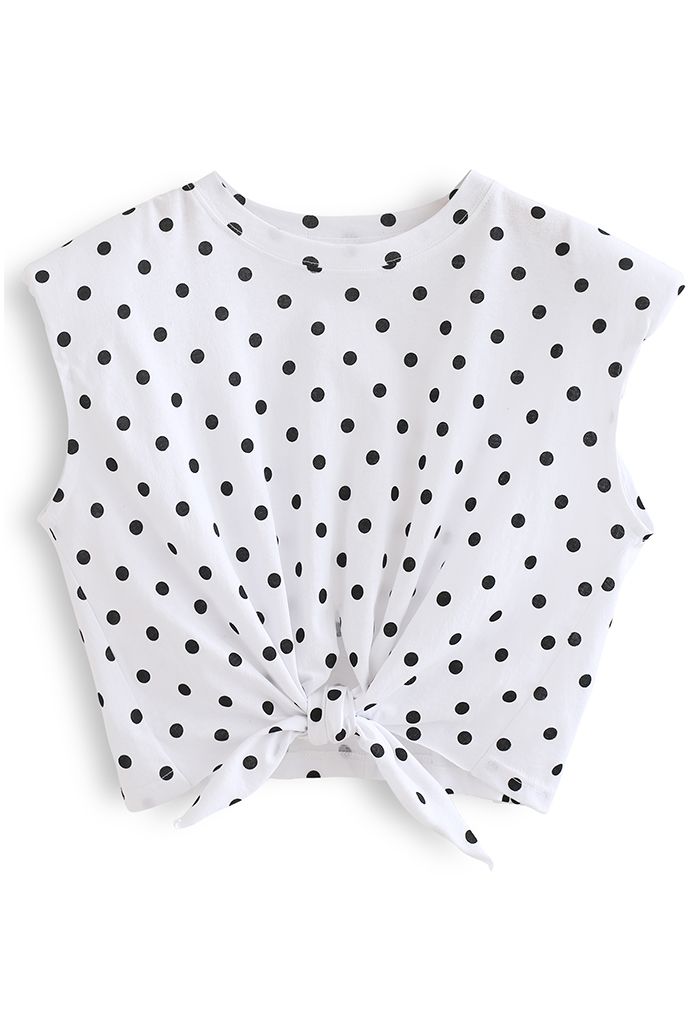 Knot Front Pad Shoulder Dotted Top in White - Retro, Indie and Unique ...