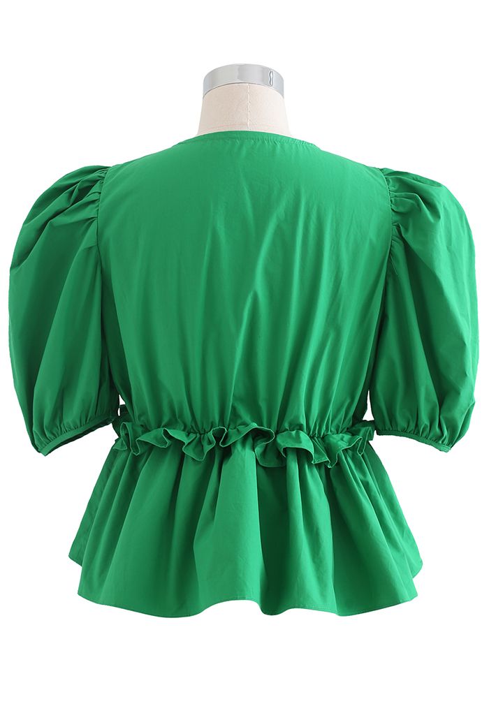High Ruffle Waist V-Neck Bubble Sleeve Top in Green - Retro, Indie and ...