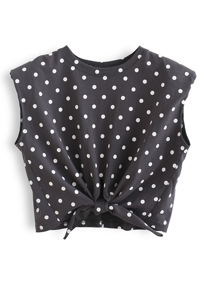 Knot Front Pad Shoulder Dotted Top in Smoke