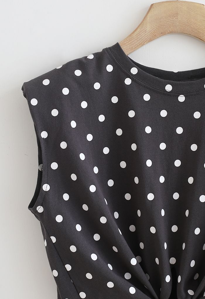Knot Front Pad Shoulder Dotted Top in Smoke