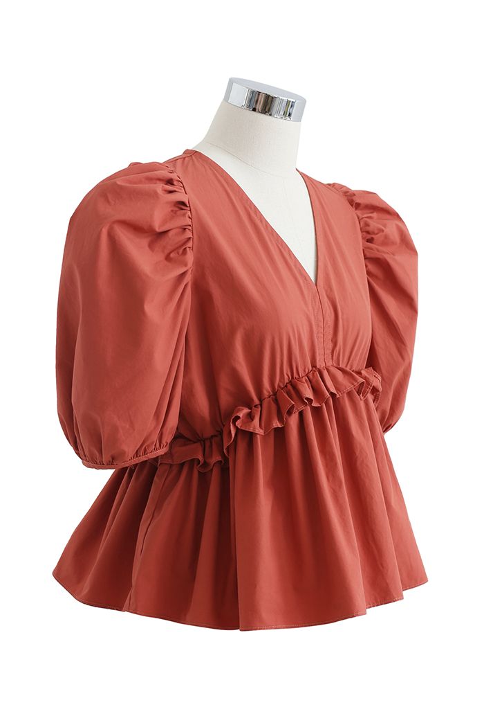 High Ruffle Waist V-Neck Bubble Sleeve Top in Rust Red