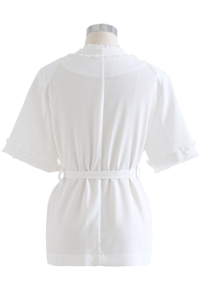 Fringed Self-Tie Short Sleeve Blazer in White