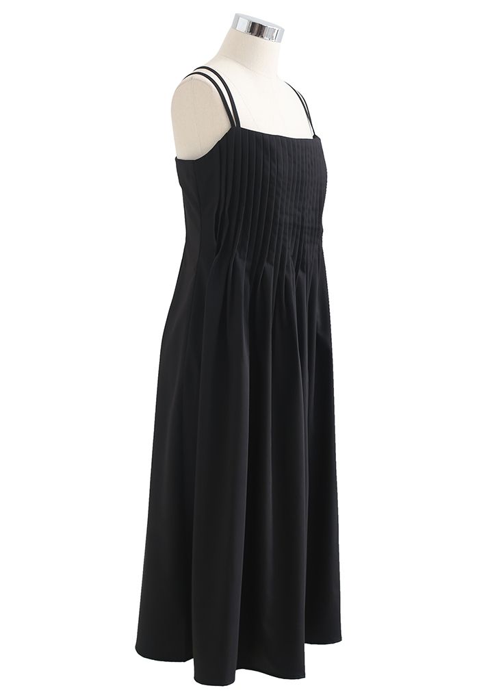 Cross Back Pintuck Front Cami Dress in Black