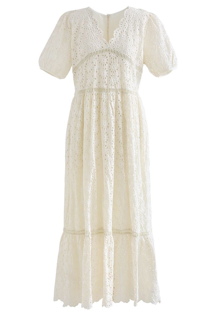 Scallop V-Neck Floral Eyelet Embroidery Maxi Dress in Cream - Retro ...