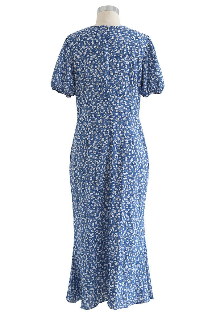 Cutout Detail Floral Print Ruched Midi Dress in Blue - Retro, Indie and ...