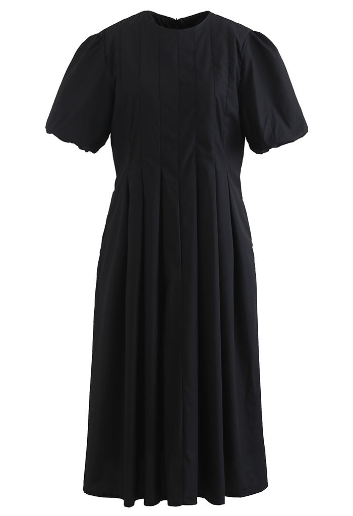 Puff Short Sleeve Pleated Midi Dress in Black - Retro, Indie and Unique ...