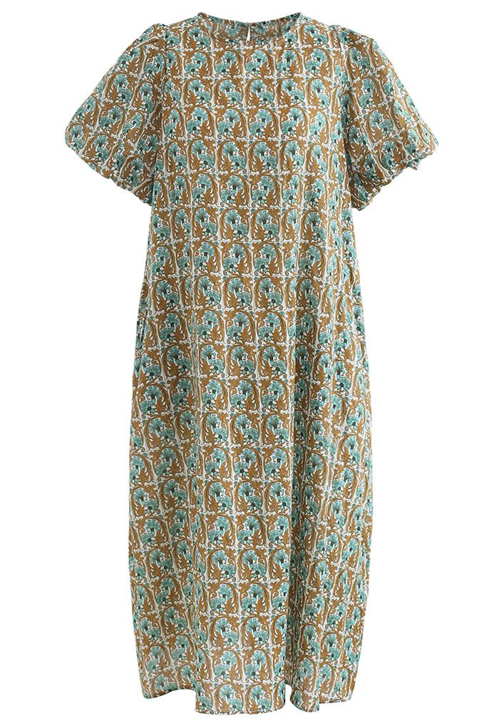 Floral Print Side Pocket Puff Sleeve Midi Dress - Retro, Indie and ...